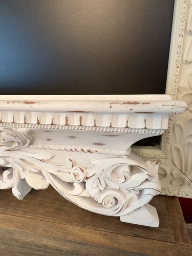Farmhouse/French Country White Distressed Floating Carved Ornamental Wall Shelf - Picture 5 of 17