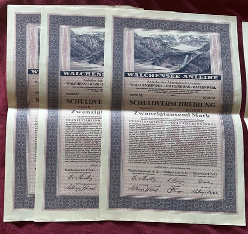 Walchensee-Anleihe 7 pcs. 10,000 and 20,000 Mark 1923 w/Cupons - Picture 4 of 5