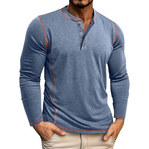 Men's Solid Color Long Sleeved T-shirt Autumn Mens Henley Shirt Four Button Tops - Picture 20 of 43