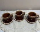 Vtg Hull Pottery USA Brown Drip Glaze 10 Oz Coffee Mugs Cups & Saucers Set Of 3