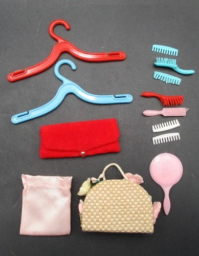 Vintage 1960s Barbie Doll Accessories Flower Tote Red Velvet Purse Comb Brush