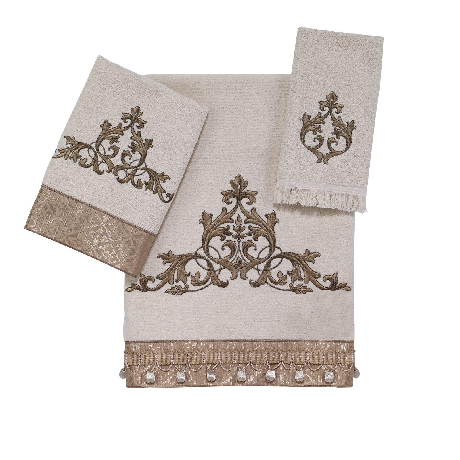 - 3pc Towel Set, Soft & Absorbent Cotton Towels (Monaco Collection, Ivory)