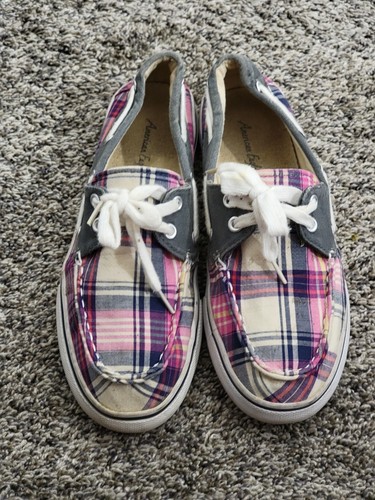 American Eagle Boat Women's Shoe Plaid Fabric Pink Gray White Sz 7.5 - Picture 3 of 13