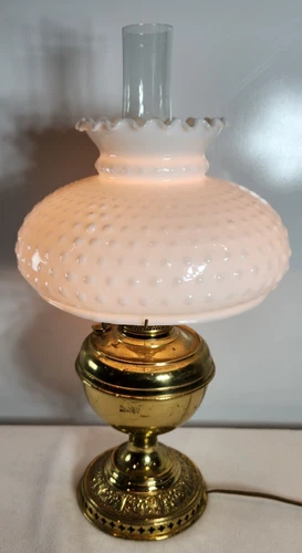 Vintage B&H Bradley & Hubbard Brass Milk Glass Oil Lamp app 21” Hobnail Shade