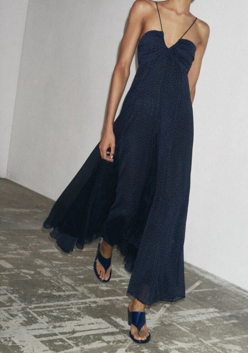 ZARA XS, XL WOMAN ZW COLLECTION POLKA DOT PRINT DRESS NAVY BLUE