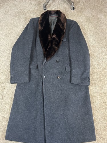 VTG TELLER CASHMERE BLEND GRAY DOUBLE BREASTED OVERCOAT WITH FAUX FUR COLLAR 42R - Picture 12 of 15