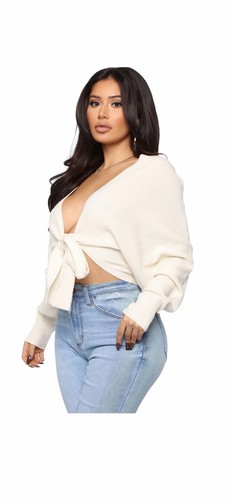 Fashion Nova Love Craze kurz geschnittener Damenpullover cremefarben vorne zum Binden 3X gemütlicher Abend - Bild 5 von 16