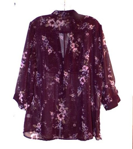 BANANA REPUBLIC SEMI-SHEER DARK PURPLE FLORAL BLOUSE Size XL - Picture 2 of 4