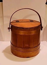 Antique LG Shaker Primitive FIRKIN SUGAR BUCKET Handle Hinged Lid Finger Lap 