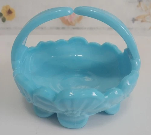 Vintage Westmoreland Pansy Blue Milk Glass Basket Split Handle Footed
