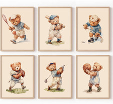 Nursery Bear Wall Art Boy Sports Canvas Wall Decor Baby Nursery Prints Vintage T