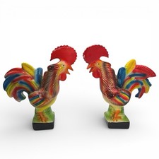 Vintage Pair Ceramic Cockerel Ornaments Colourful Rooster 7.5”Tall Clean VGC