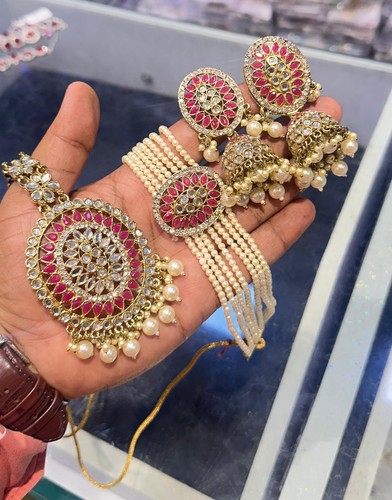 Jhumka Indian Jewelry Set Bollywood Plated Kundan Gold Necklace Earrings Choker - 第 5/8 張圖片