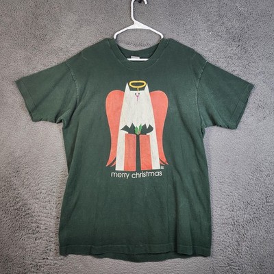 Vintage Merry Christmas Angel Cat Graphic Shirt Mens XL Green Fruit Loom 90s USA