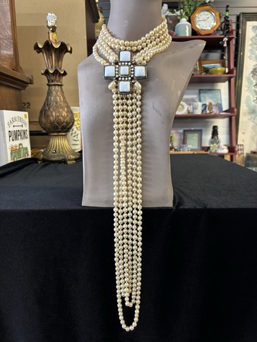 Authentic Chanel Cross Necklace~ Gold Metal Faux Pearl & White Gripoix Byzantine - Picture 6 of 24