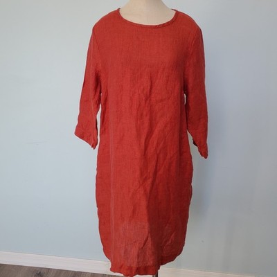 Flax S Dress 100% Linen Texture Orange 3/4 Sleeve Pockets Lagenlook Coastal Boho