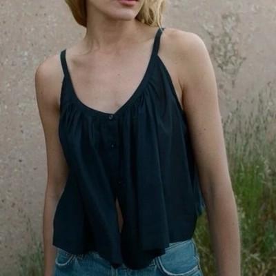 Doen Women Nalina Camisole Navy Sleeveless Black Blouse Tunic Crop Top Size S