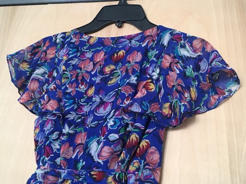 MOULINETTE SOEURS Anthropologie Blue Floral Silk Wrap Flutter Sleeve Dress Sz 0 - Picture 5 of 16
