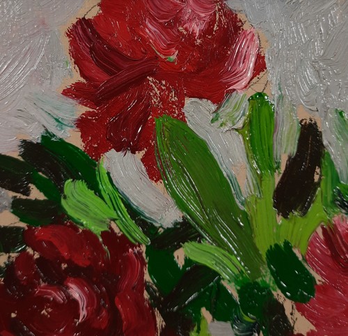 Pintura al óleo vintage de flores rosadas y rojas en florero de vidrio, bodegón floral - Imagen 7 de 11