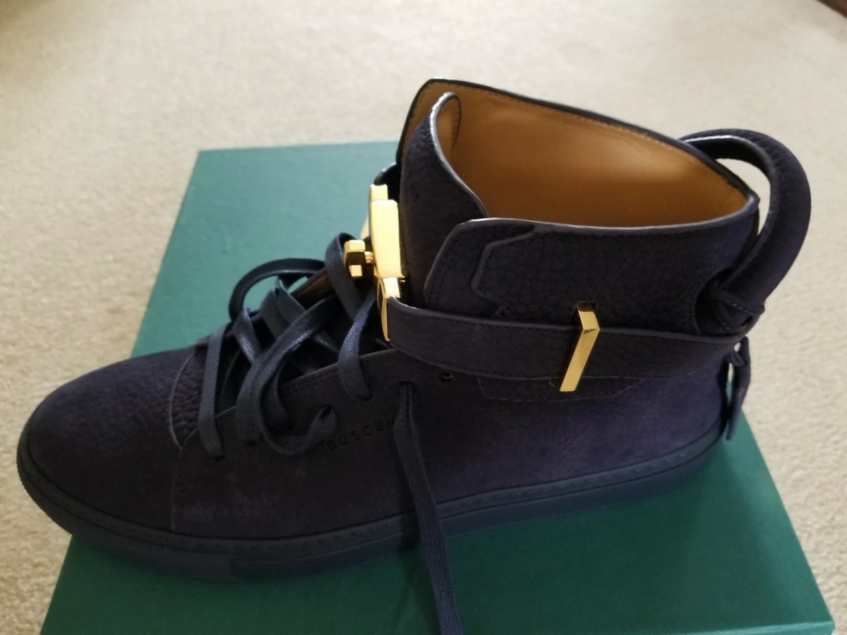 Buscemi Men s 100mm Nubuck Blue Ink Gold Hardware High Top Sneakers US 11 EU 44