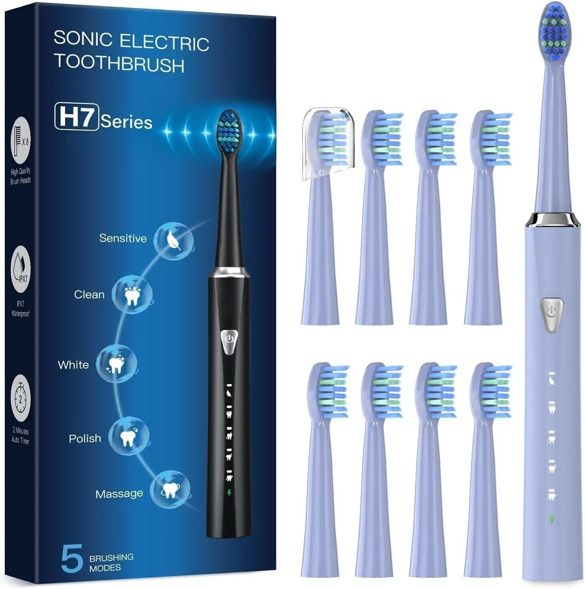 Phylian H7 Sonic Electric Toothbrush Blue Oral 8 heads 5 Modes