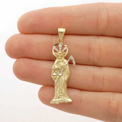 10k Yellow Gold Santa Muerte Grim Reaper Diamond Cut Charm Pendant 1 60 - 10k Gold Santa Muerte Pendant