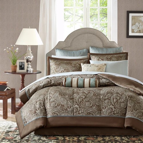 Cal King Size Comforter Set Victorian Elegant Paisley Blue Brown Shabby Chic 12P - Picture 11 of 24