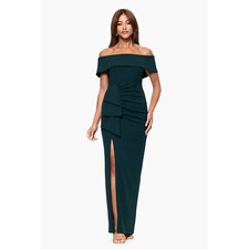 Xscape Camilla Gown Green Off Shoulder Formal Party Size 4 NWT Ruched Wedding