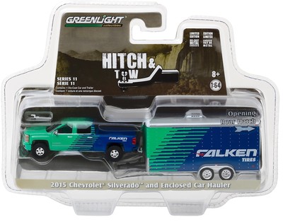 1:64 GreenLight *HITCH /& TOW 11* FALKEN TIRE 2015 Silverado w//Enclosed Trailer