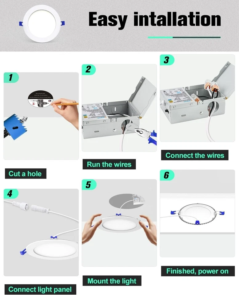 12 Pack 4 Inch 6 Inch 5CCT Ultra-Thin LED Recessed Ceiling Light Junction Box - Image 3 of 4
