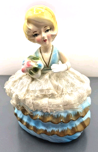 Vintage Cassettiera in ceramica dama con abito in pizzo fiori United China e vetro co - Foto 4 di 15