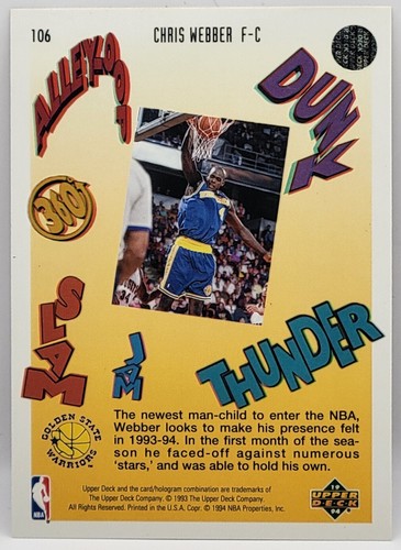 93-94 Upper Deck Pro View (3D Jam) Chris Webber HOF Rookie Card (Warriors) #106 - Picture 2 of 2