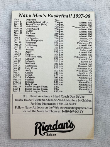 CBK Navy Midshipmen 1997-98 Men's Basketball Schedule Card - Picture 2 of 2