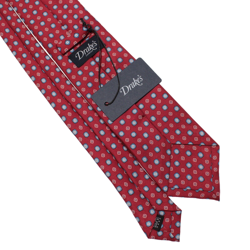 Drake's NWT Neck Tie in Red with Light Blue & White Geometric Pattern 100% Silk - Picture 6 of 9