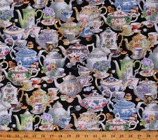 Cotton Tea Party Teapots Teacups Black Cotton Fabric Print by the Yard D567.01