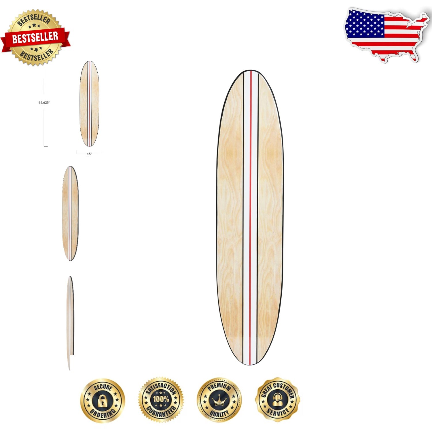 Sleek Rustic Surfboard Wall Art - 65.6-Inch Natural Decor with Elegant Stripe