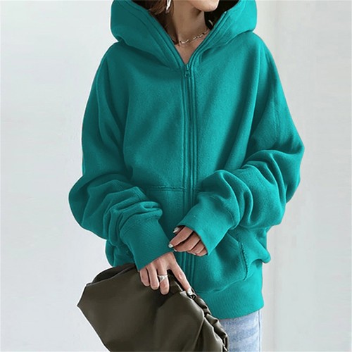 Women Casual Full Zip Up Hoodie Comfy Loose Solid Sweatshirt Long Sleeve Jacket - Picture 37 of 48