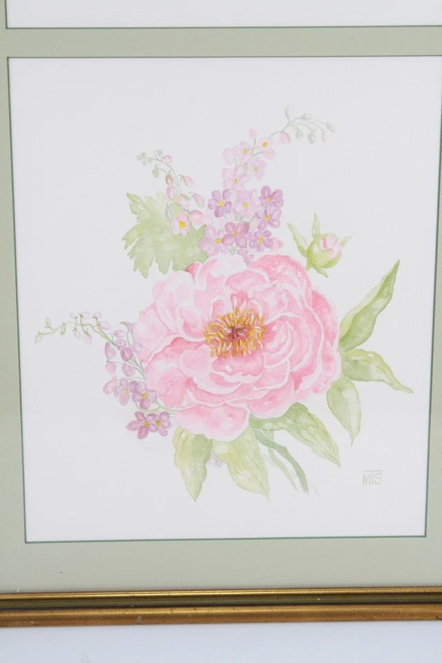 Pinturas de acuarela florales originales vintage enmarcadas y firmadas MTS Foto 4 de 4