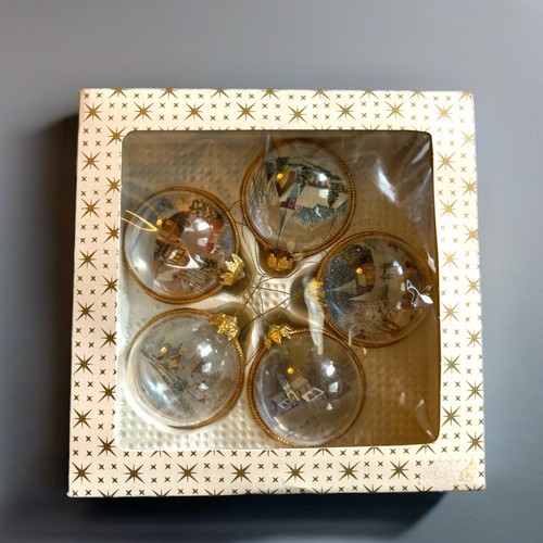 Vintage Hummel Snowy Winter Scenes Foil Plastic Ball Christmas Ornaments in Box