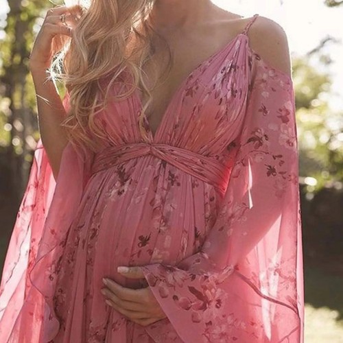 Women Off Shoulder Dresses V Neck Floral Print Pregnant Swing Long Dress Casual - Picture 12 of 17
