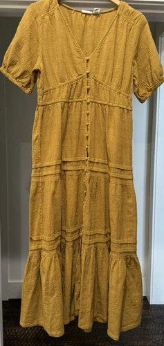 Lucky Brand Large Yellow Gold V Neck Short Sleeve Button Up Peasant Maxi Dress