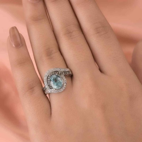 STUNNING!! 4.10ctw Blue, Champagne & White Zircon Ring Platinum Plated Size 8 - Picture 3 of 6