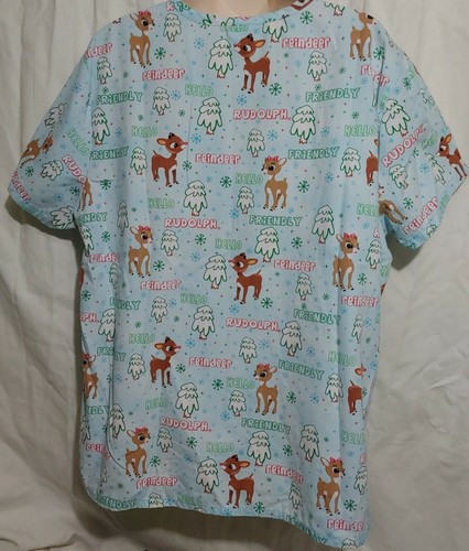 Rudolph The Red Nosed Reindeer Hello Friendly Scrubs Shirt Top Nurse RN Women XL - Picture 8 of 9