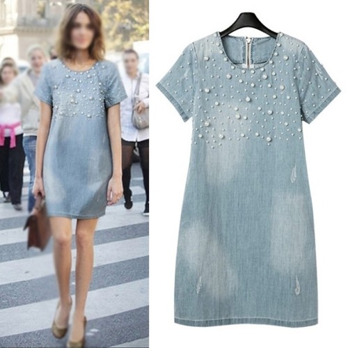 Jeans E1k1 En Manches Denim Robe A Clair Lache De L'encolure Courtes Bleu n8w4RzPFq