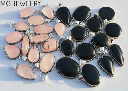 30 Pcs Lot Rose Quartz Black Onyx Gemstone 925 Silver Plated Pendants MFA495 - Picture 3 of 4