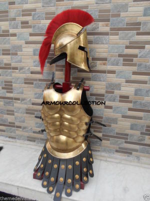 Casque Spartiate 300 HOMYZ - Laiton Antique - Acier 18GA - Plume Rouge - Taille Adulte
