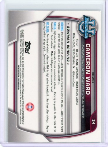 2022 Bowman U Chrome Silver Refractor Cameron Ward Bowman 1st #34 - Picture 2 of 2
