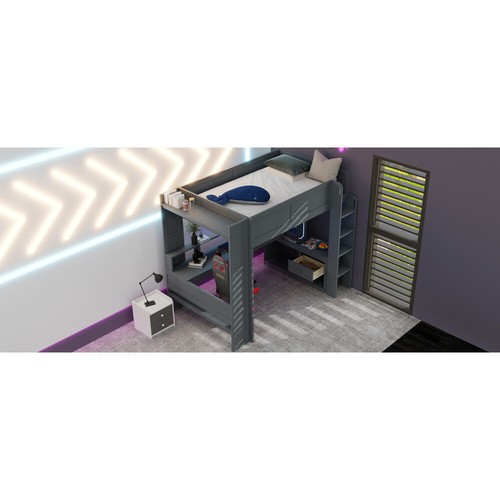 Wood Full Size Gaming Loft Bed with Desk, Shelves, LED and Charging, Dark Gray - Picture 11 of 21
