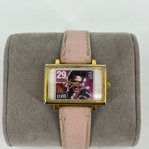 Elvis Presley 1992 USA Stamp Gold Tone Analog Watch Pink Leather Band Womens Vtg - Picture 2 of 11
