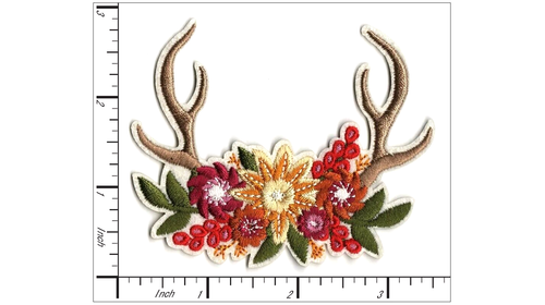 Deer Antlers With Flower Bouquet Embroidered Iron On Patch DIY Applique - Picture 2 of 2